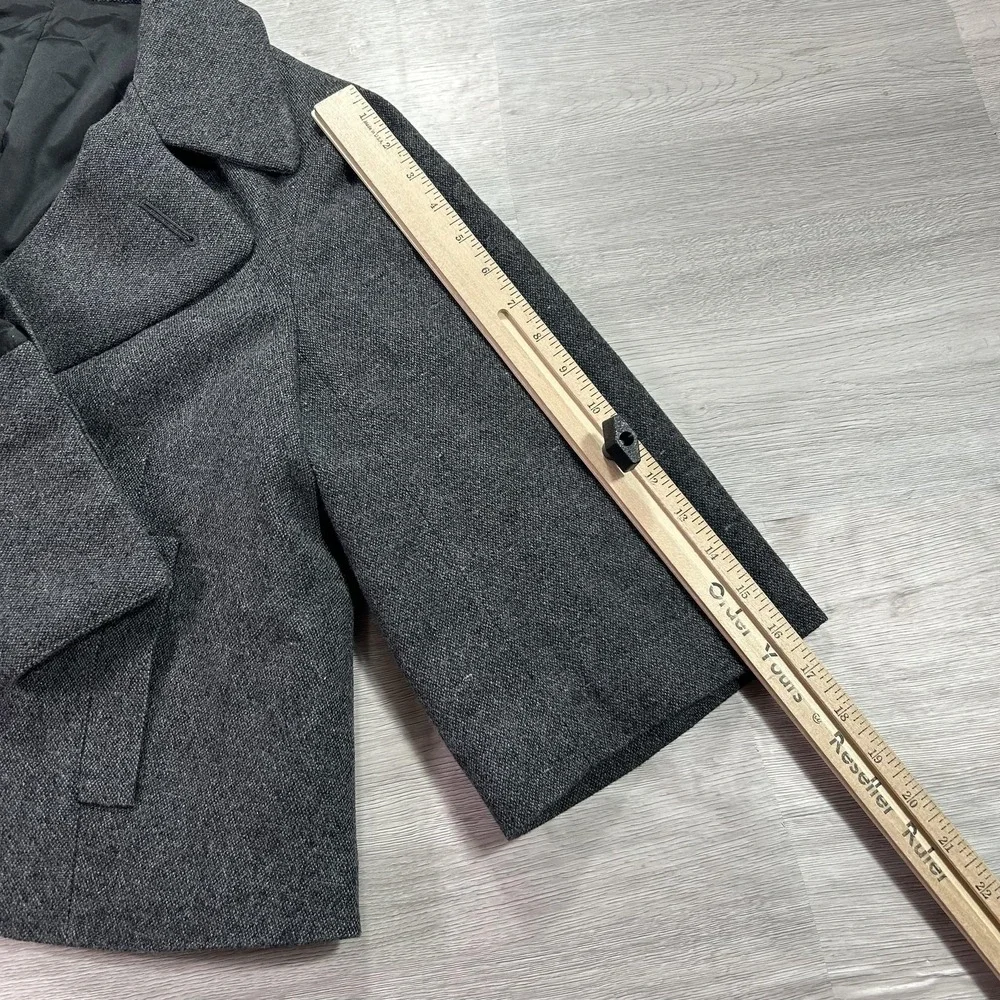 Theory Coat Womens‎ Medium Gray Wool Blend Cropped Tweed Pea Jacket 3/4 Sleeve